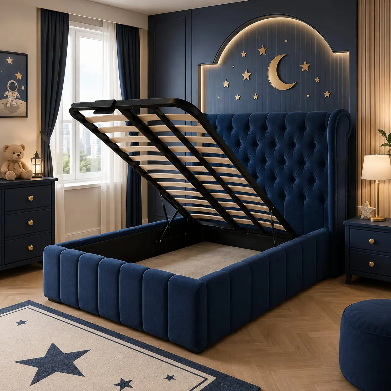 Butterfly Button Tufted Winged Headboard Kids Soft Bed