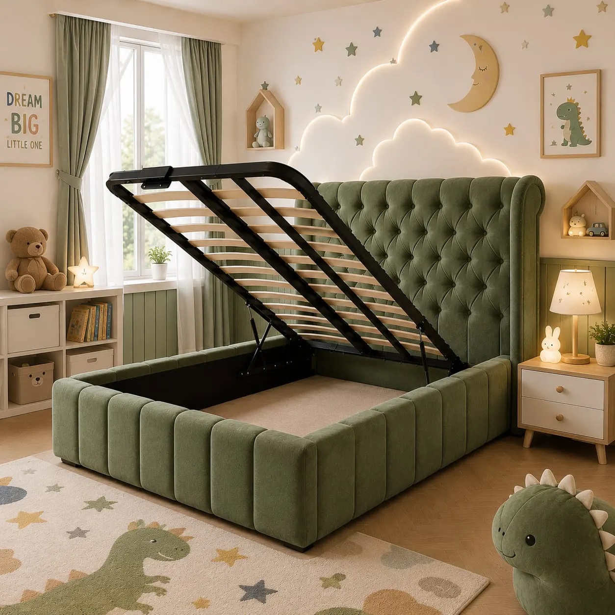 Butterfly Button Tufted Winged Headboard Kids Soft Bed